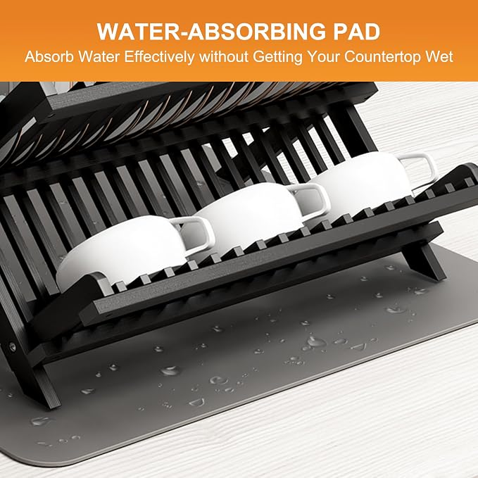 Greenual Black Bamboo Dish Drying Rack with Utensil Holder, 2 Tier Collapsible Dish Rack, Wooden Dish Racks for Kitchen Counter, Folding Drying Holder with Absorbent Dish Drying Mat - Image 6