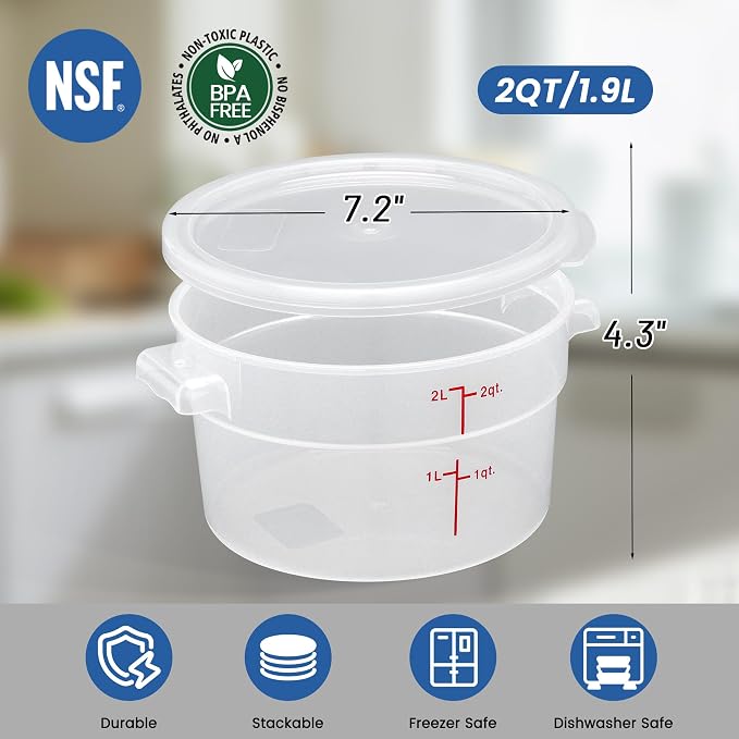 4 Pack 2QT Round Food Storage Containers with Lids | NSF, BPA-free PP containers with scale, label and measuring cup, stackable for prep, storage, freezer. Dishwasher safe - Image 2