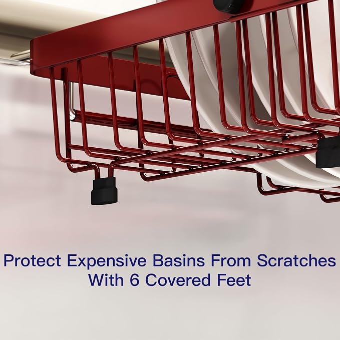 Red Dish Drying Rack Over The Sink with Utensil Holder | Expandable Stainless Steel Dish Drainer for Small Kitchen, Apartment, RV, Counter Space Saving, Perfect Fit, Rustproof - Image 7