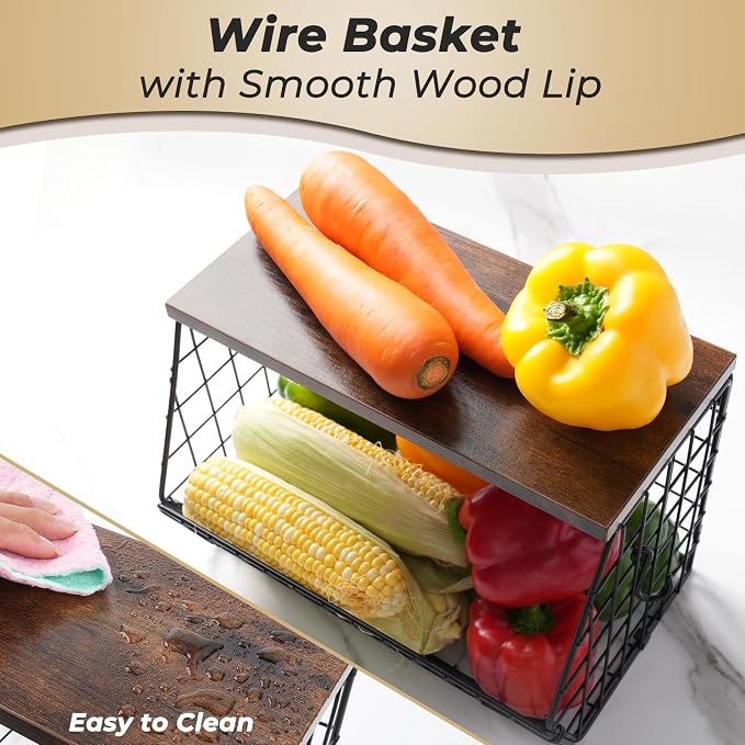 Mefirt 2pcs Fruit Basket Kitchen Storage Basket with Wood Lid | Stackable Wall Fruit Basket for Kitchen, Countertop Organizer for Snack, Fruit and Veggie Storage, 11.8 x 7.9 x 8.5 Inch - Image 6