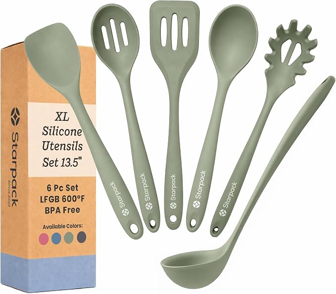 Starpack Like a Boss XL Silicone Cooking Utensils Set (6-Piece, 13.5") - LFGB Certified, 600°F Heat Resistant, BPA-Free - Heavy-Duty Steel Core, Dishwasher Safe - for Nonstick Cookware, Sage Green by StarpackHome