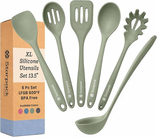 Starpack Like a Boss XL Silicone Cooking Utensils Set (6-Piece, 13.5") - LFGB Certified, 600°F Heat Resistant, BPA-Free - Heavy-Duty Steel Core, Dishwasher Safe - for Nonstick Cookware, Sage Green by StarpackHome