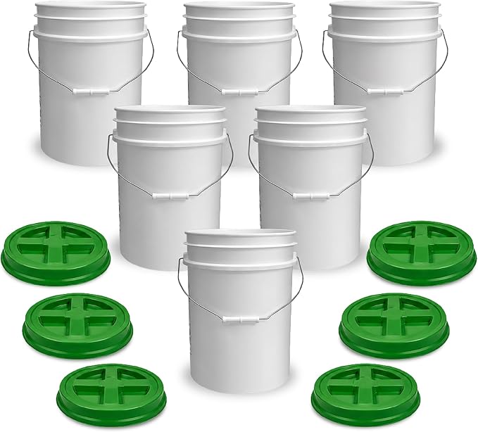 5 Gallon Bucket - Food Grade w/Lid BPA-Free, White/Green, 6 | Airtight Gamma Seal Screw-On Lid, Heavy-Duty 90 Mil HDPE Plastic, Food Safe and Durable Container, Bulk Storage, Made in USA by ePackageSupply