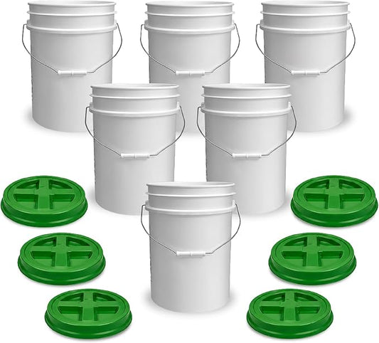 5 Gallon Bucket - Food Grade w/Lid BPA-Free, White/Green, 6 | Airtight Gamma Seal Screw-On Lid, Heavy-Duty 90 Mil HDPE Plastic, Food Safe and Durable Container, Bulk Storage, Made in USA by ePackageSupply
