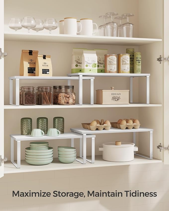 SONGMICS Cabinet Organizer Shelf, Set of 4 Kitchen Counter Shelves, Kitchen Storage, Spice Rack, Stackable, Expandable, Metal and Engineered Wood, Cloud White and Snow White UKCS028W01 - Image 3