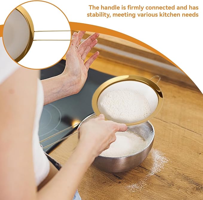Fine Mesh Strainer Set, Gold Strainer for Juicing Stainless Steel Fine Mesh Strainer Set Of 3 with Handle for Kitchen Food Flour Baking - Image 4