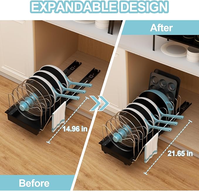 Pots and Pans Organizer Under Cabinet, 22" Deep Expandable, 2 Pack | Pot Organizers inside Cabinet with 10 Adjustable Dividers & Handrail, No Drill Pot Lid Holder, Sliding Pot Lid Holder - Image 2
