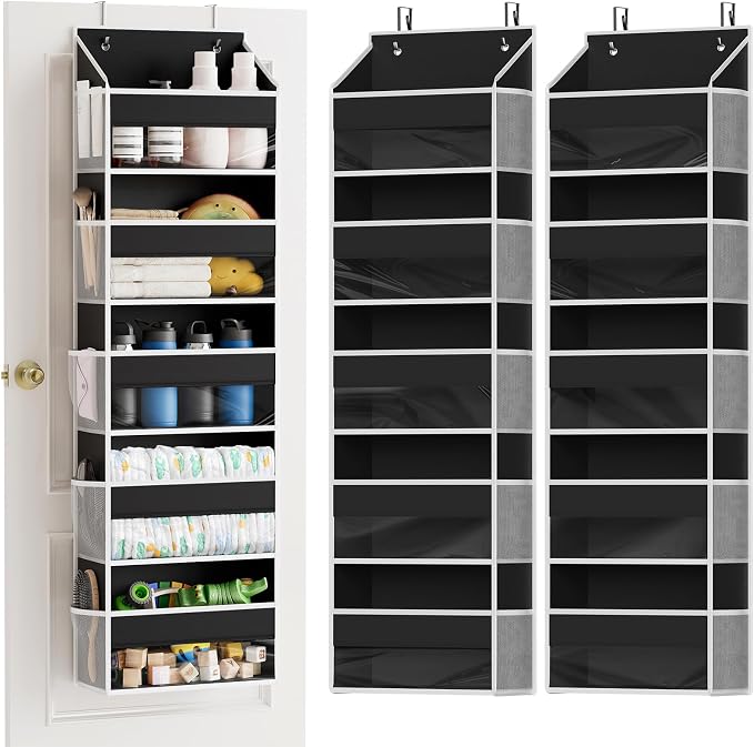 SpaceAid 2 Pack Over The Door Organizer with 5 Large Pockets and 10 Mesh Side Pockets, 5 Layers Door Organizer Hanging with Clear Window for Bedroom, Bathroom, Pantry and Nursery, Black by SpaceAid