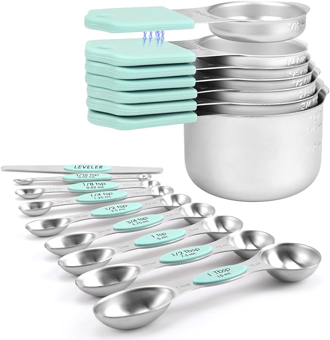 Magnetic Measuring Cups and Spoons Set-Heavy Duty 304 Stainless Steel，Double Measurement Markings，Set of 16 with Leveler for Measure Dry and Liquid Ingredients (Mint) by HOUJIP
