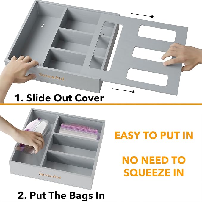 SpaceAid Bag Storage Organizer for Kitchen Drawer, Bamboo Organizer, Compatible with Gallon, Quart, Sandwich and Snack Variety Size Bag (1 Box 4 Slots), Gray - Image 5