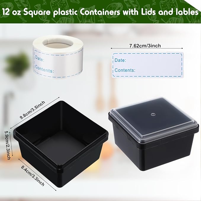 12 oz 50 Pack Small Square Deli Containers with Lids Plastic Freezer Food Reusable Meal Dessert Ice Cream Containers with Labels for Takeout Meal Storage Microwave Freezer Safe(Black) - Image 2