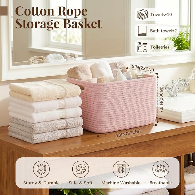 OIASKET 4Packs Natural Cotton Rope Storage Baskets for Organizing Toys, Clothes, Towels & Books, Soft Versatile Organizers for Shelves, Home Decorative Bins, 13''Lx9''Wx7.8''H, Pink - Image 2