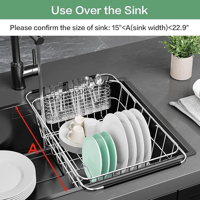 Large Sink Dish Drying Rack, Expandable 304 Stainless Steel Metal Dish Drainer Rack Organizer Shelves with Stainless Steel Utensil Holder Over Inside Sink, Rustproof - Image 3