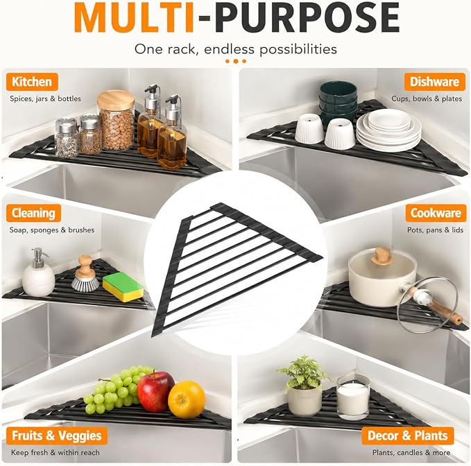 Triangle Roll-Up Dish Drying Rack for Sink Corner, Silicone Coated Metal Draining Board Rack, Space-Saving Drying Rack Kitchen, Multipurpose Plate Rack Sink Drainer for Kitchen Storage & Organisation, - Image 6