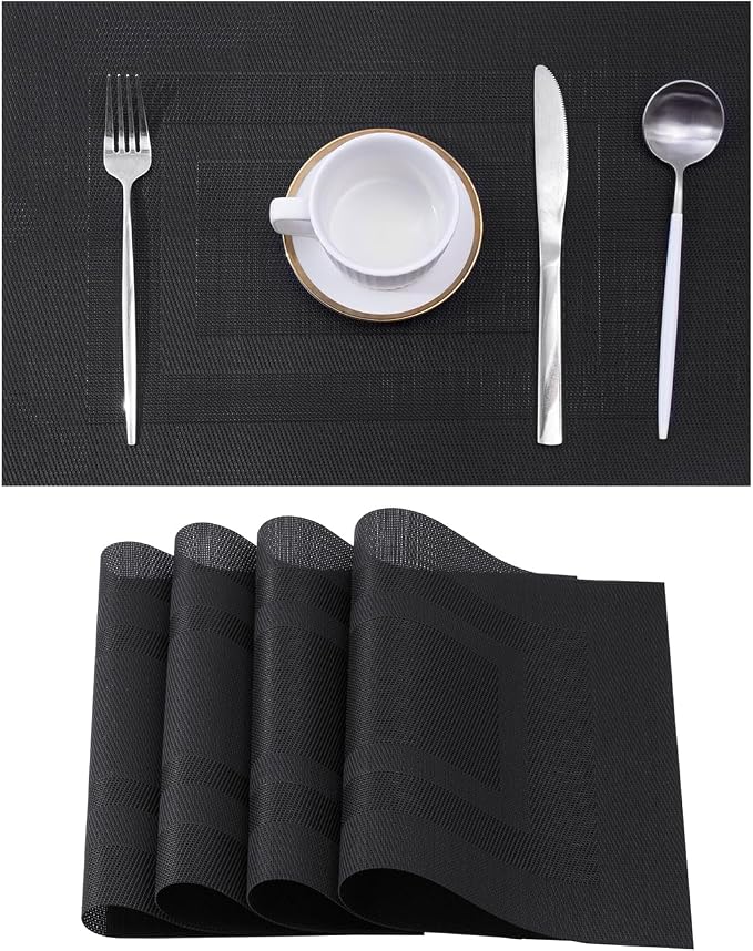 Leetaltree Black Frame Placemats Set of 4 - Heat Resistant Non-Slip Place mats for Dining Table, Washable Durable PVC Vinyl Woven Table Mats（Black Frame, 4） by Leetaltree-ArtatEveryTable