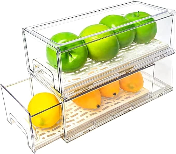2 Pack Stackable Refrigerator Drawers Pull Out Bins Clear Fridge Drawer Organizer Food Storage Containers Plastic Veggie Fruit Produce Saver for Pantry Kitchen Freezer(M) by MANO