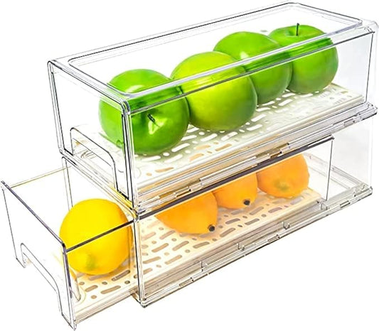 2 Pack Stackable Refrigerator Drawers Pull Out Bins Clear Fridge Drawer Organizer Food Storage Containers Plastic Veggie Fruit Produce Saver for Pantry Kitchen Freezer(M) by MANO