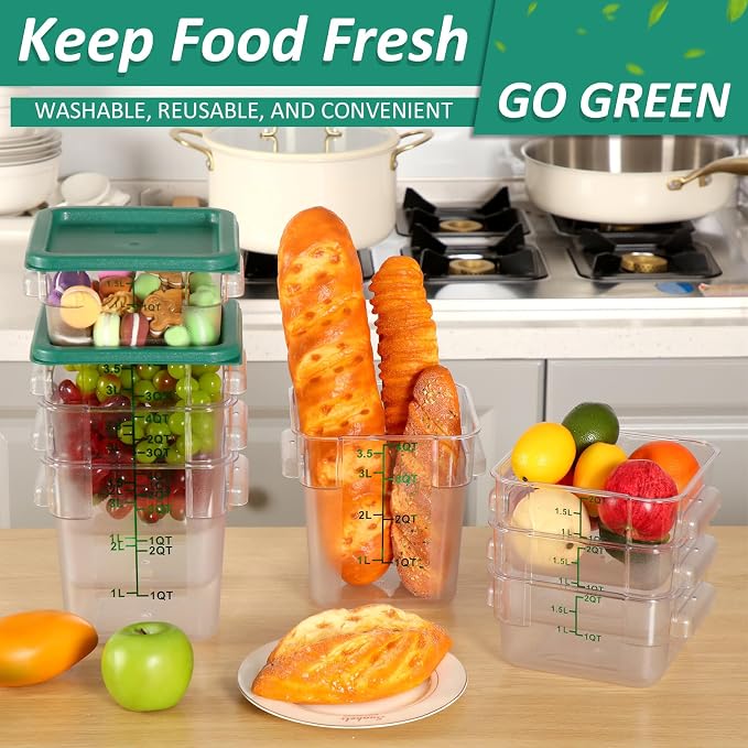 Yungyan 16 Pcs Restaurant Food Storage Containers with Lids Set 2Qt and 4Qt Commercial Restaurant Square Storage Containers Clear Food Cereal Container for Kitchen Freezer (Green Lids) - Image 5