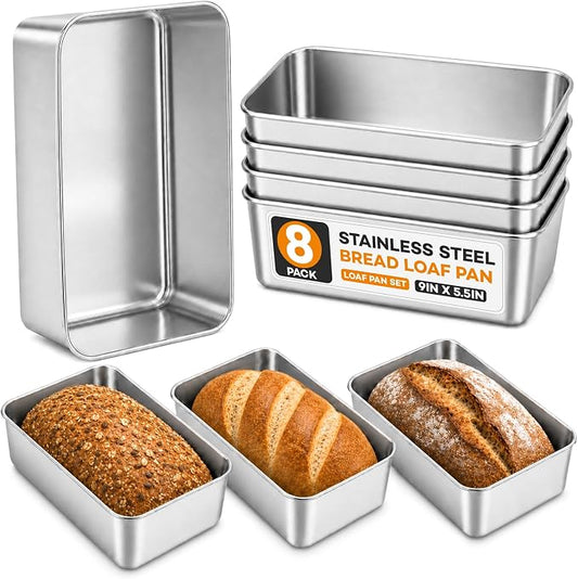8 Pack Loaf Pans for Baking Bread,9×5In Stainless Steel Loaf Pans | Bread Loaf Tins for Homemade Bread Brownies, Meatloaf, Lasagna Cake, Sturdy, Oven, Dishwasher Safe, Silver by LINSIRON