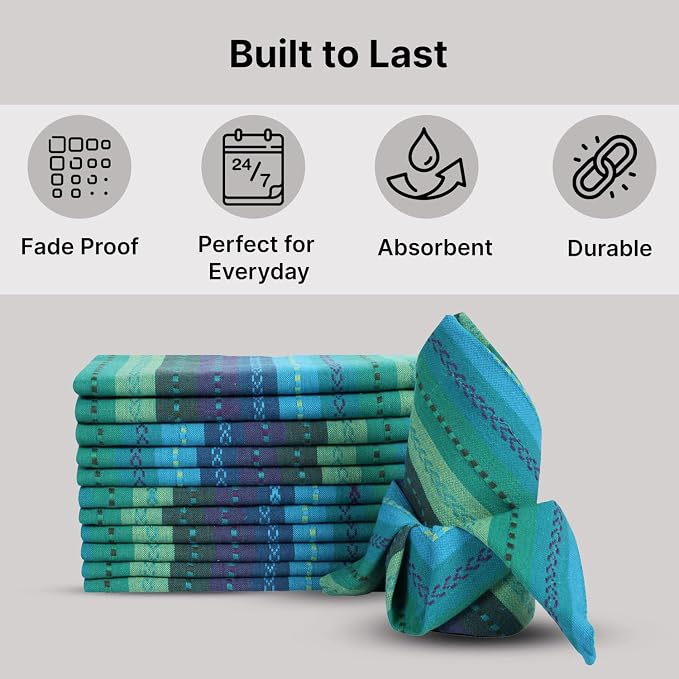 LFH Home Cotton Rich Cloth Salsa Napkin Set of 24 Washable Soft Durable Striped Table Napkins for Dining Wedding, Daily Use Reusable Eco-Friendly Napkins for Elegant Table Settings(18x18)-Teal - Image 5
