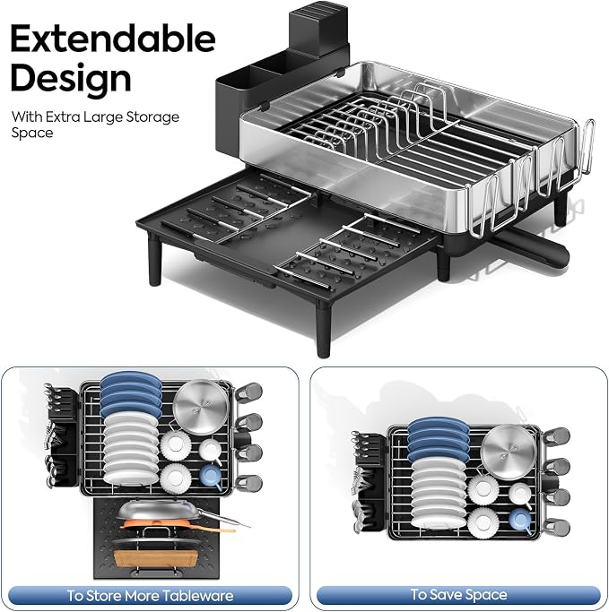 Urackify Expandable Dish Drying Rack, Stainless Steel, Large Capacity | Multifunctional Drainboard for Kitchen Countertop, Removable Cutlery Tray, Foldable Cup Holder, 20.4"L x 20"W, Silver - Image 5