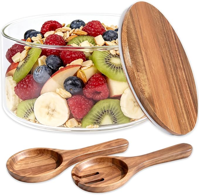 Glass Salad Bowl with Lid, 9.8" Large Glass Mixing Bowls with Acacia Wood Lids Set & Serving Utensils, 200oz Trifle and Serving Bowl for Salads, Fruit, Pasta, Dessert, Popcorn, Microwave Safe by Yubamin