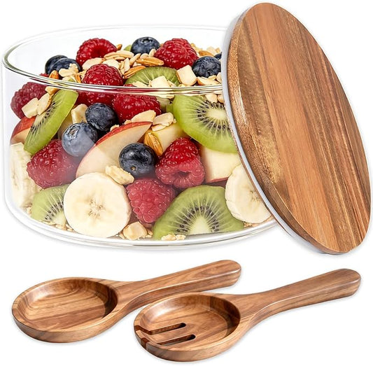 Glass Salad Bowl with Lid, 9.8" Large Glass Mixing Bowls with Acacia Wood Lids Set & Serving Utensils, 200oz Trifle and Serving Bowl for Salads, Fruit, Pasta, Dessert, Popcorn, Microwave Safe by Yubamin