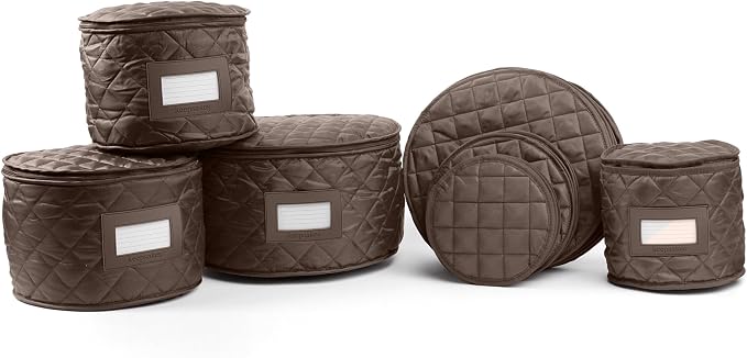 Covermates Keepsakes Dish Storage Set – Padded China & Dinnerware Storage Cases with Dividers, Cup & Stemware Storage, Quilted Polyester Protection, ID Window, Bronze by Covermates