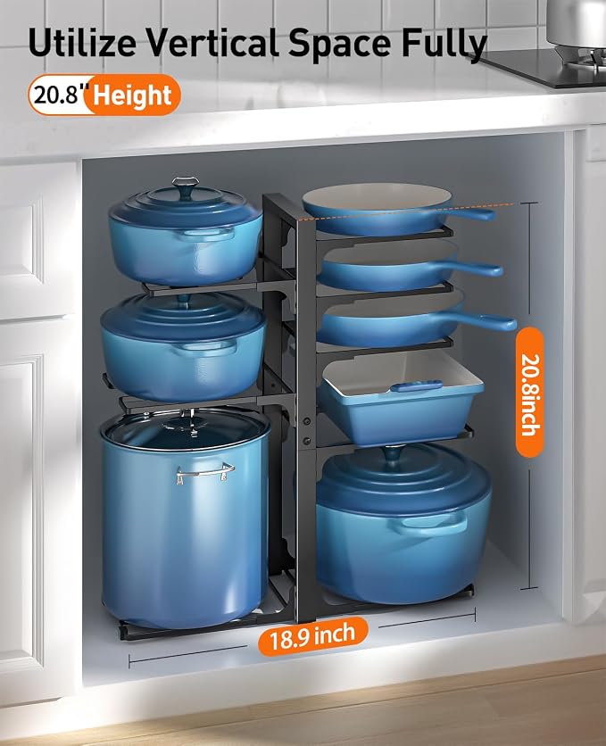 Pots and Pans Organizer Under Cabinet 20.8", 8-Tier Adjustable Black | 2 DIY Modes, Tool-Free Assembly, Max 120 Lbs, Fits Large Stockpots, Cast Iron Pans & Heavy Cookware, For Kitchen Cabinets - Image 2