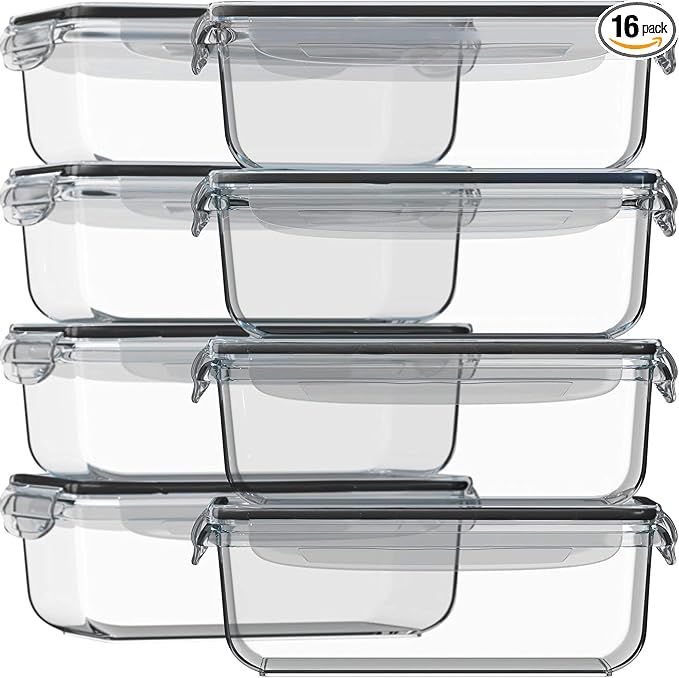 Razab 16 Pc (Set of 8) 30 Oz Glass Meal Prep Containers with Lids, Airtight Large Glass Food Storage Containers, Reusable Leak Proof BPA Free, Freezer to Oven and Dishwasher Safe by RazabHomeGoods