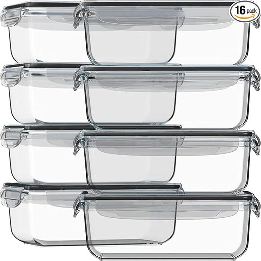 Razab 16 Pc (Set of 8) 30 Oz Glass Meal Prep Containers with Lids, Airtight Large Glass Food Storage Containers, Reusable Leak Proof BPA Free, Freezer to Oven and Dishwasher Safe by RazabHomeGoods