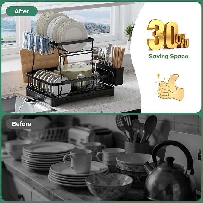 2 Tier Dish Rack, Carbon Steel Dish Drying Rack for Kitchen Organization & Storage, Countertop / Sink Dish Rack with Automatic Drain Tray, Large Capacity Black Dish Rack - Essential Home Kitchen Item - Image 5