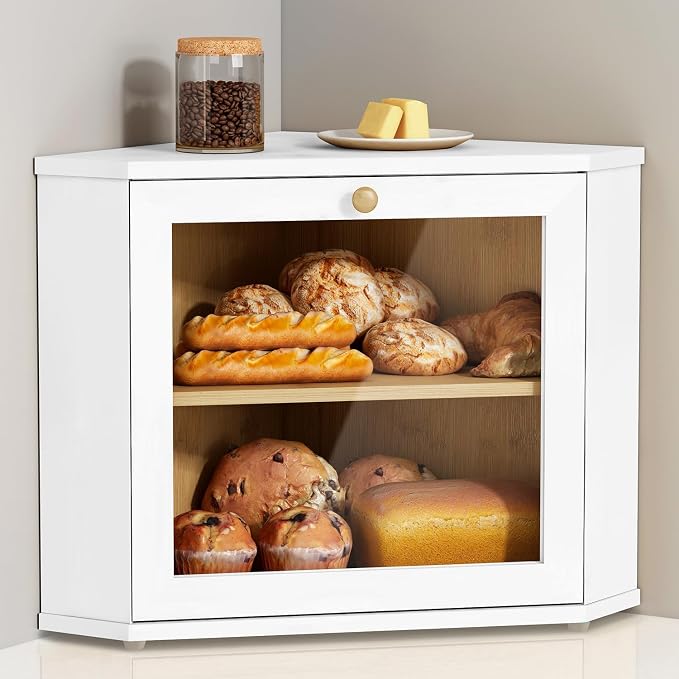 Goozii White Corner Bread Box for Kitchen Countertop, 2 Tier Breadbox for Sourdough Loaf, Modern Bread Storage Container for Island Counter Top Organizer, Cabinet Cupboard Pantry Shelf (Bamboo Wood) by Goozii