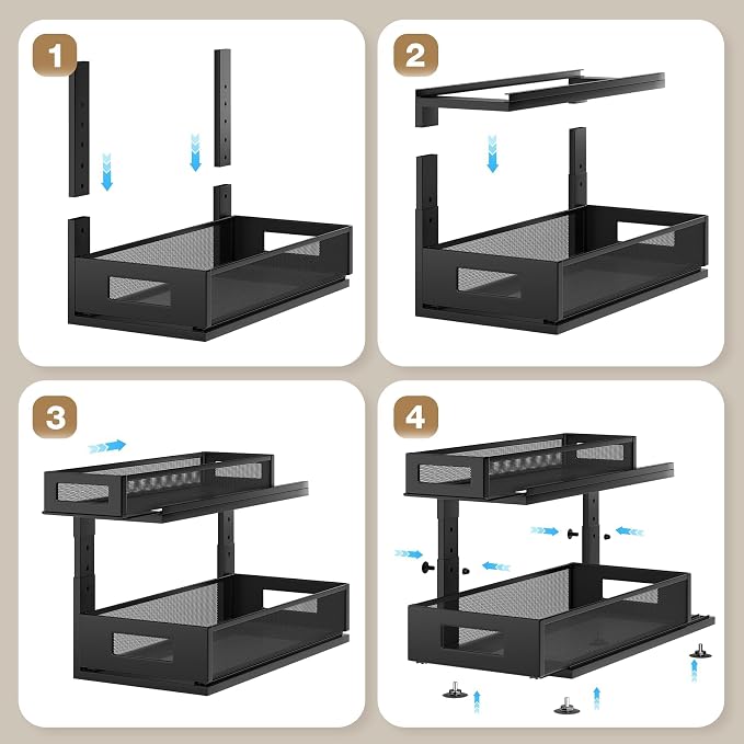 2 Pack 18.5IN-Depth Under Sink Organizer With Next-Gen Ball-Bearing Slides,2-Tier Pull Out Cabinet Storage,Height Adjustable Drawer Shelf for Bathroom,Kitchen,Laundry,Cabinet,Pantry-Black - Image 5
