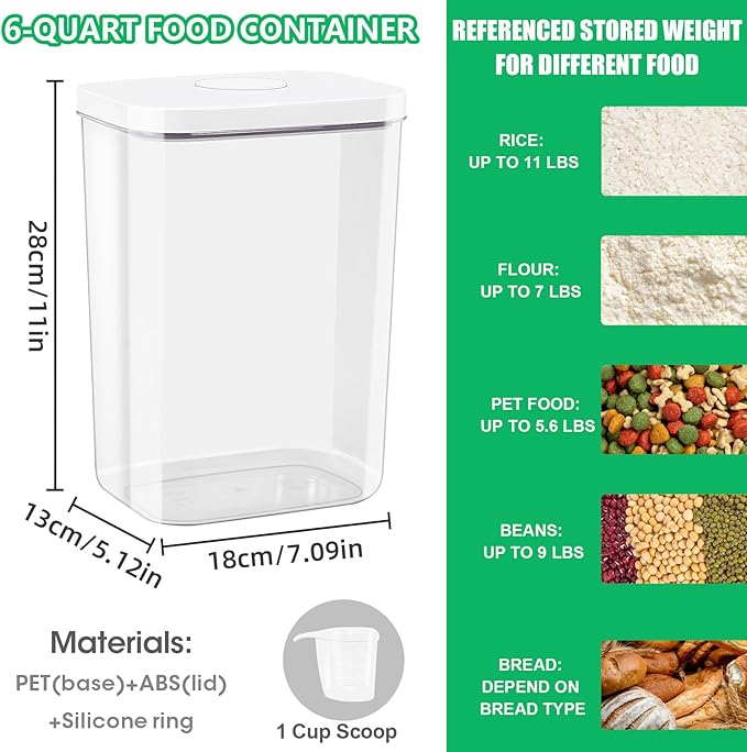 6 Qt Flour Sugar Storage Containers with Pop-up Lid Airtight 11 Lb Rice Bin | Crystal-Clear Plastic Dry Food Containers Tall and Slim BPA Free Pet Food Holder for Kitchen Pantry Organization - Image 2
