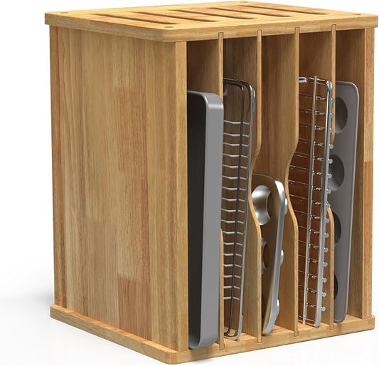 6 Tier Rubber Wooden Tray Dividers for Cabinets, Cookie Sheet Organizer | Heavy Weight, Premium Wood, Multiple Sizes, Saving Space, Vertical Tray Dividers for Storing pans, Baking tray, Cutting Board by sandpaint