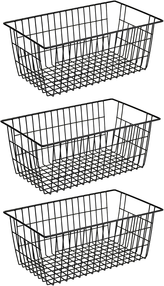SANNO Large Freezer Baskets Metal Storage Organizer Bin Basket Wire Storage Basket for Kitchen Pantry Bathroom Large Metal Farmhouse Food Fruit Produce Organizer Bins,black,3 by SANNO