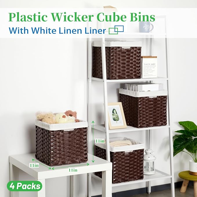 Bidtakay Wicker Cube Storage Bins with Liners 11x11 inch Woven Baskets for Organizing 4-Pack Waterproof Imitation Rattan Woven Cube Organizer with Handles for Pantry-Reddish Brown - Image 2