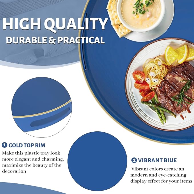 13" Blue Decorative Tray, Plastic Round Serving Tray with Handles | Decorative Tray for Coffee Table, Modern Ottoman Tray, Circle Tea Tray, Round Melamine Tray for Living Room, Bathroom - Image 3