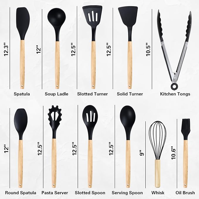19 PCS Black Kitchen Cooking Utensils Set Kitchen Tools Set | 6 Stainless Steel Knives, 11 Silicone Utensils with 1 Cutting Board, Ideal for Apartment - Image 2