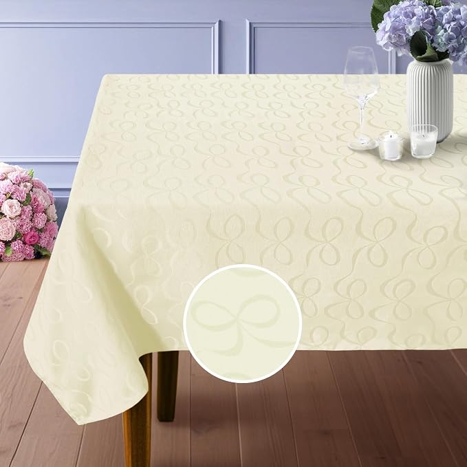 Cream Tablecloth (1PC, 60"x84"), Washable Tablecloth for 6ft Rectangle Tables (6-8 Seats) - Cotton Polyester, Wrinkle/Fade Resistant, Reusable Table Cover for Dining & Wedding, Beige Bows Jacquard by VOOVAMOVAS