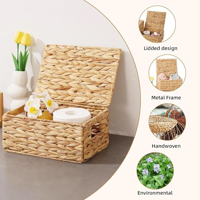 Wicker Storage Baskets with Lids,Multi-size 3 Pack Natural Water Hyacinth Wicker Nesting Baskets,Decorative Storage Ratten Boxes for Organizing,Storage,and Gifts - Image 4