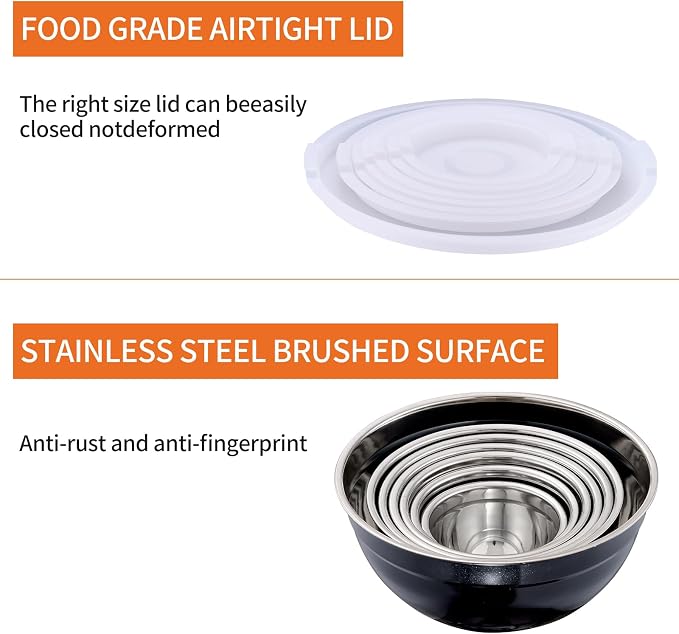 Black Mixing Bowls With Airtight Lids,Stainless Steel Bowl,Salad Bowls 7 Piece Colorful Nesting Bowl Black Kitchen Accessories,Size 7,3.6,2.7,2.1,1.5,1.1,0.8QT Stackable Design - Image 4