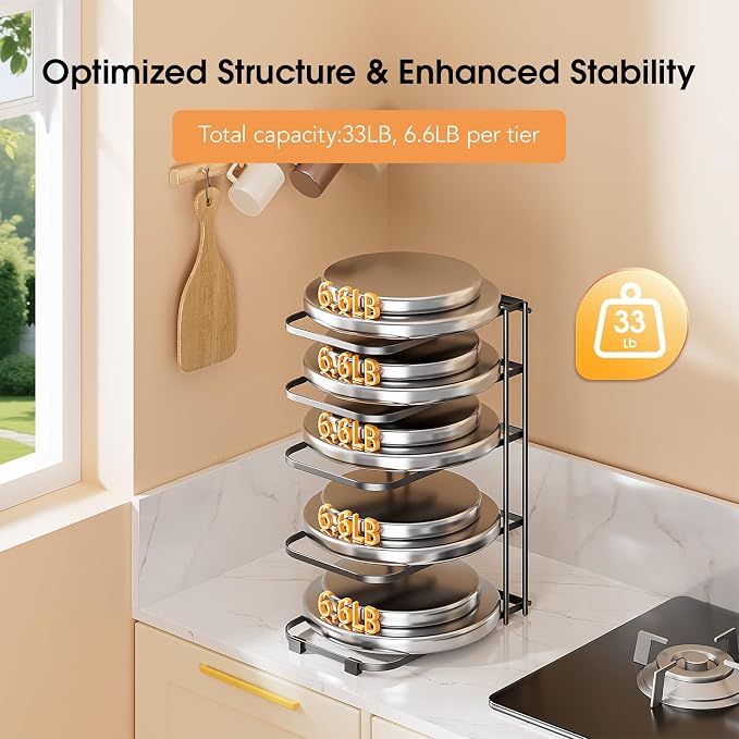 5-Tier Pot and Pan Organizer 13.6", No Assembly Cookware Rack 2-Pack | One-piece Design, Multi-height Layered,Anti-Tip Structure, Dual Vertical & Horizontal Use, Fits Cast Iron Pans & Dutch Ovens - Image 5