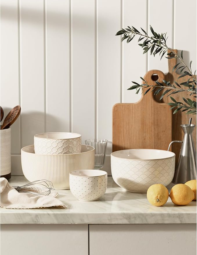 Mikiegy Ceramic Mixing Bowls Set of 4, Nesting Ceramic Embossment Stoneware Mixing Bowls for Cooking, Serving, Popcorn, Salad etc, Microwave & Dishwasher Safe, 20/44/98/145 oz, Off-White - Image 7
