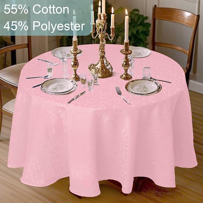 Pink Round Tablecloth, 1PC Circle Table Cover 70" (Seat 4-6) - Cotton Polyester, Wrinkle/Fade Resistant, Washable & Reusable - Luxury Jacquard Table Cloth for Valentine's Day & Wedding, Bows Design - Image 5
