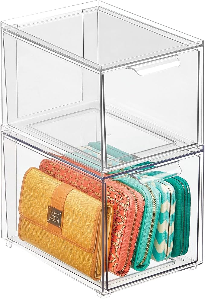 mDesign Plastic Closet Organizer Bin w/Pull Out Drawer - Slim Stackable Storage for Closet - Organization for Accessories, Bags, Totes, Small Linens, and More - Lumiere Collection - 2 Pack - Clear by mDesign