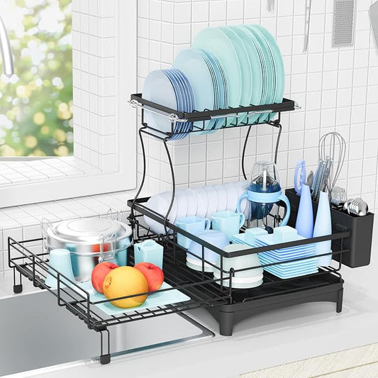 Dish Drying Rack for Kitchen Counter, Extendable Dish Rack with Drainboard, Kitchen Countertop 2 Tier Dish Drying Rack, Expandable Dish Strainer with Cutlery Holder, Removable Cutlery Holder（Black） by Unknown