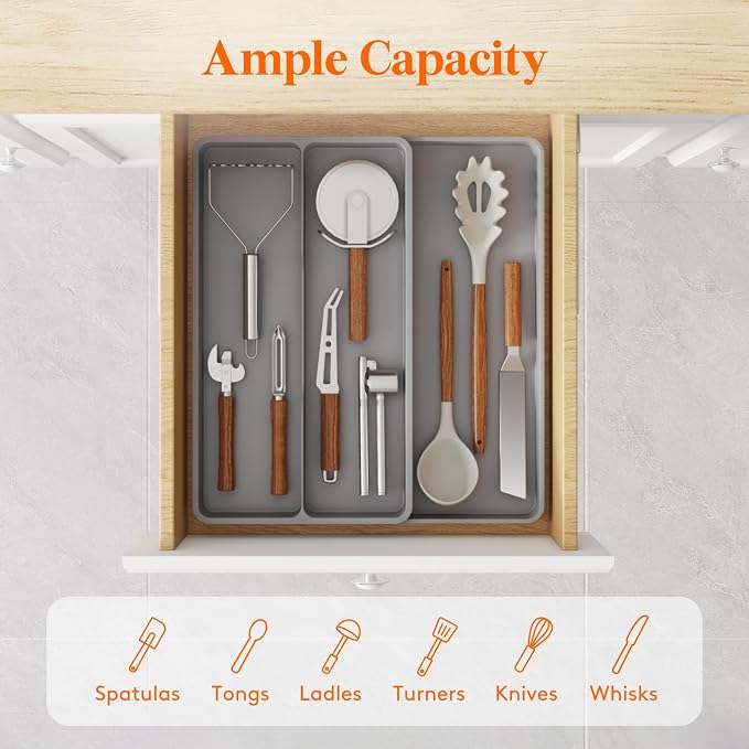Lifewit Utensil Organizer for Kitchen Drawer, Expandable Cooking Silverware Tray, Adjustable Cutlery Flatware Holder, Plastic Spatula Tools Storage Divider, 14.4 x 15.8", Gray - Image 2