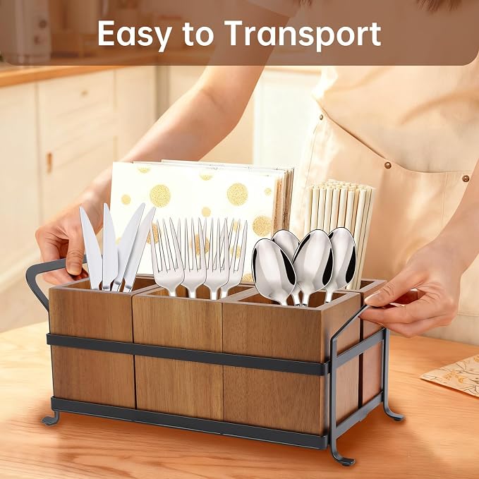 Silverware Caddy Acacia Wood Silverware holder for Party Utensil Caddy with Metal Handle Paper Plate Organizer Cutlery Holder Flatware Organizer for Spoons Forks Napkins - Image 2